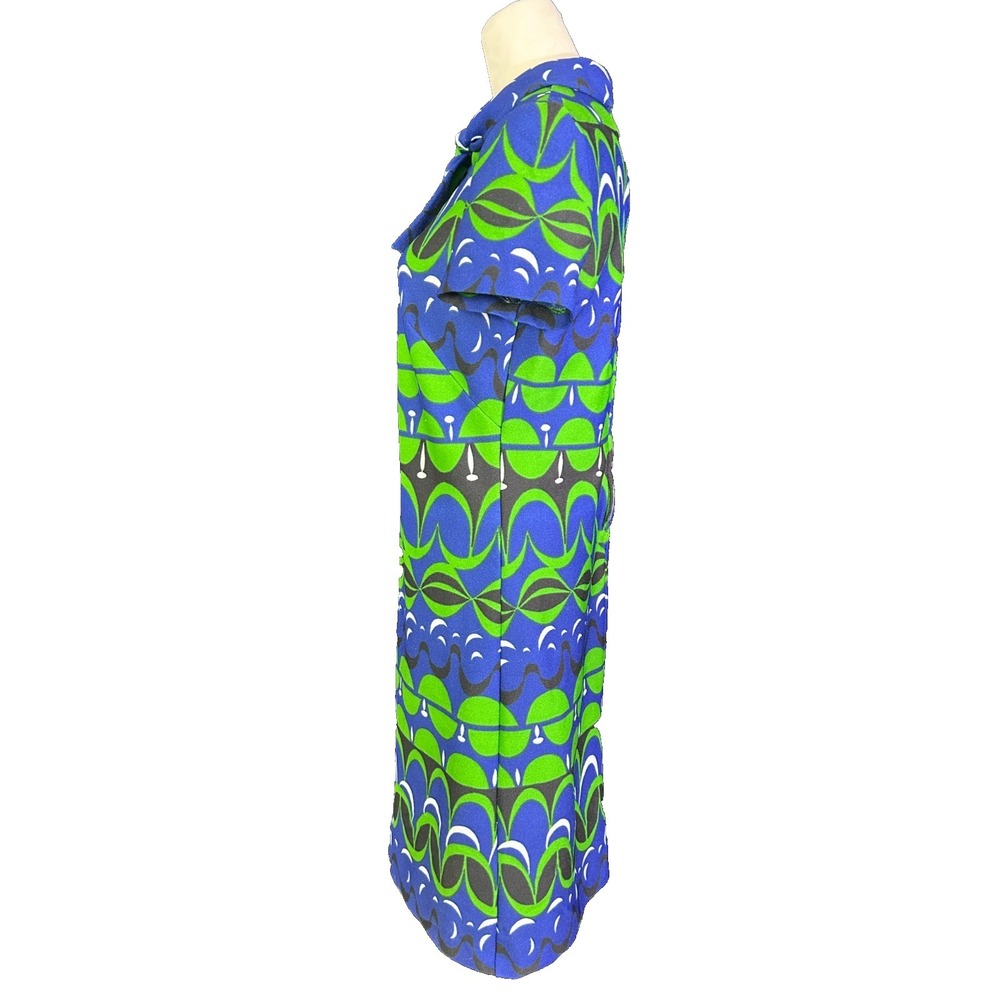 Vintage 60s Mod Shift Dress Blue Green Psychedelic Geometric Tie Neck Retro M - Picture 4 of 6